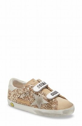 Kids' Girl's Old School Glitter Suede Grip-strap Sneakers, Baby/toddlers In Gold/cappuccino