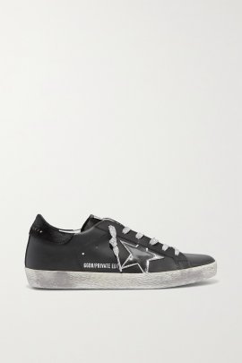 Superstar Metallic Distressed Leather And Suede Sneakers In Black