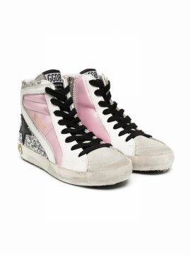 Kids' Slide Glitter Leather High-top Sneakers In Salmon Pink