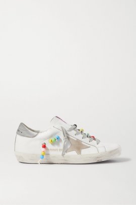 Superstar Bead-embellished Distressed Leather And Suede Sneakers In White