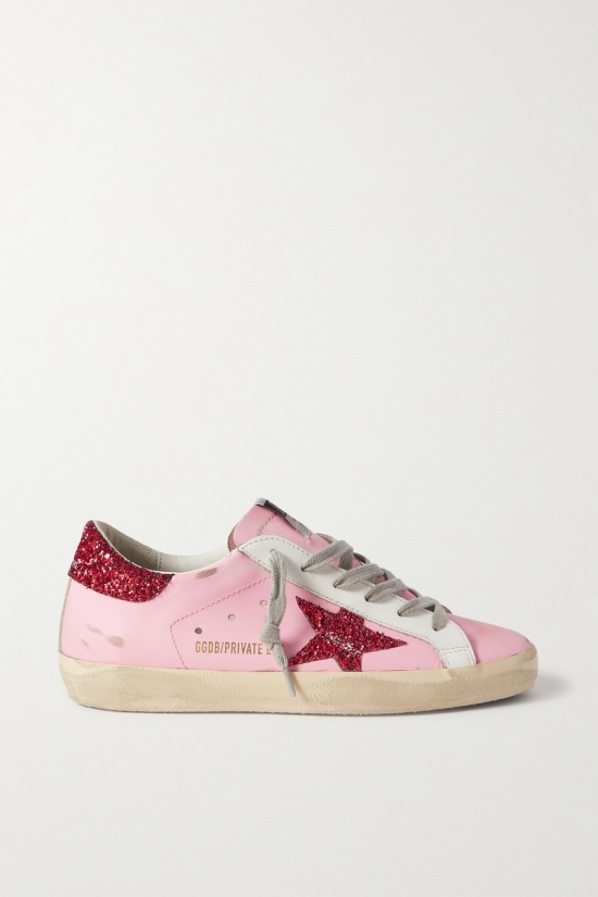 Superstar Glittered Distressed Leather Sneakers In Pink