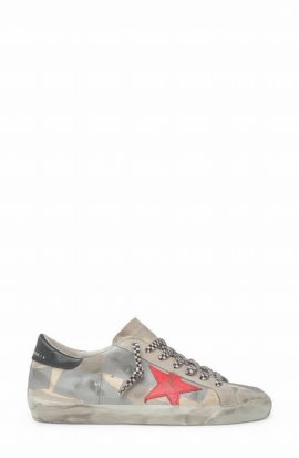 Super-star Patched Low Top Sneaker In Taupe Red White Medieval Blue