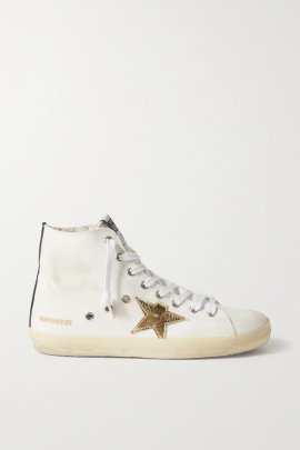 Slide Distressed Metallic Leather-trimmed Canvas High-top Sneakers In Cream
