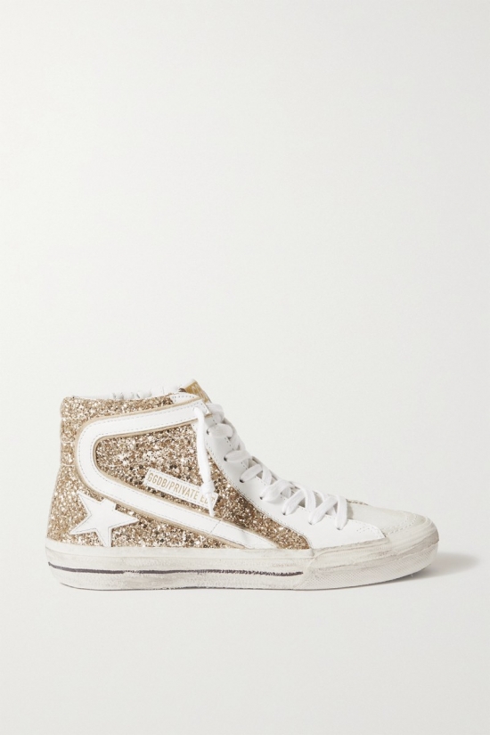 Slide Distressed Glittered Leather High-top Sneakers In Gold