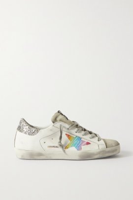 Superstar Glittered Distressed Leather And Suede Sneakers In White