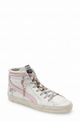 Slide High Top Sneaker In White/ Baby Pink/ Silver