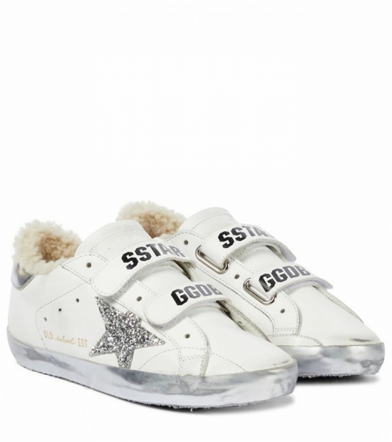 Old School Shearling-lined Distressed Glittered Leather Sneakers In White