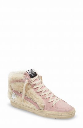 Slide High Top Sneaker With Genuine Shearling Trim In Beige/ Baby Pink/ Silver