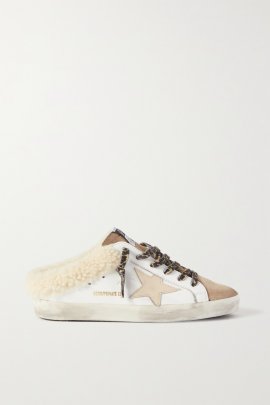 Superstar Sabot Shearling-lined Distressed Leather And Suede Slip-on Sneakers In White