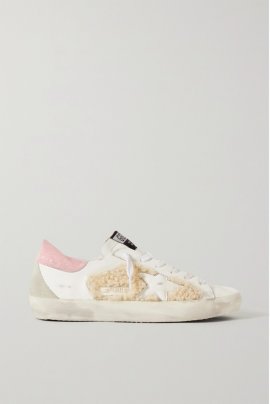 Superstar Shearling-trimmed Distressed Leather And Suede Sneakers In White