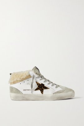 Mid Star Shearling-lined Distressed Leopard-print Calf Hair, Leather And Suede Sneakers In White