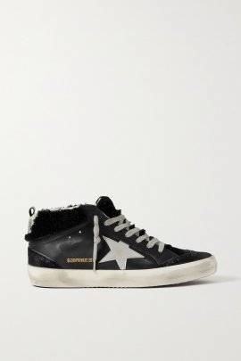 Mid Star Shearling-lined Distressed Leather And Suede Sneakers In Black