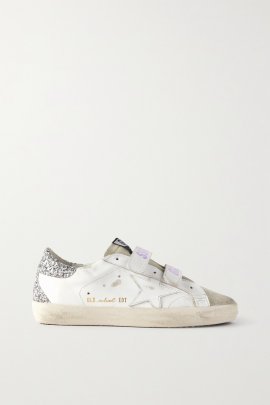 Old School Distressed Glittered Leather Sneakers In White