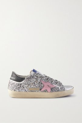 Superstar Distressed Metallic Glittered Leather Sneakers In Silver