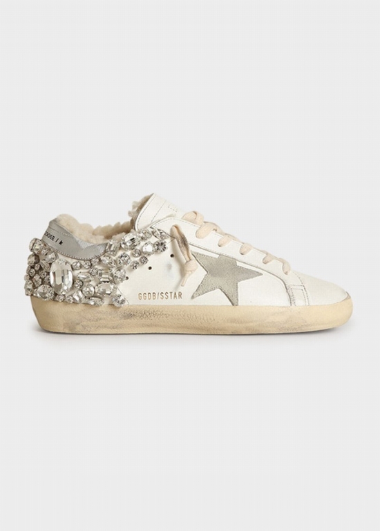 Superstar Crystal Shearling Low-top Sneakers In White/ice/silver