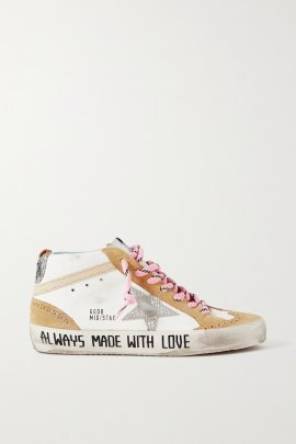Mid Star Distressed Glittered Leather And Suede Sneakers In Off-white
