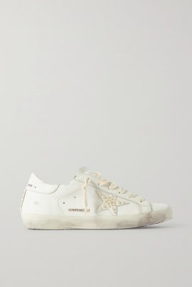 Superstar Faux Pearl-embellished Distressed Leather Sneakers In White