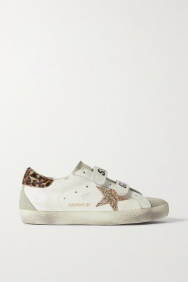 Old School Pony Hair-trimmed Distressed Glittered Leather And Suede Sneakers In White