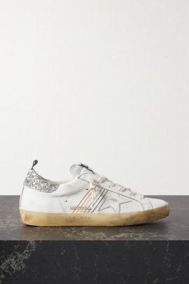 Super-star Embroidered Distressed Glittered Leather Sneakers In White