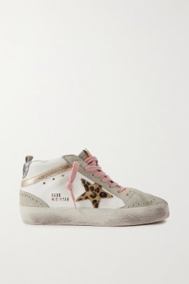 Mid Star Embellished Distressed Leopard-print Calf Hair, Leather And Suede Sneakers In White Grey