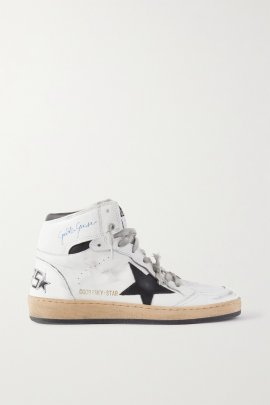Sky-star Distressed Printed Leather High-top Sneakers In White