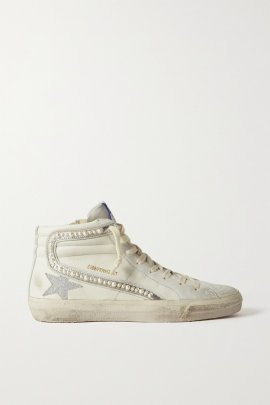 Slide Embellished Distressed Glittered Leather And Suede High-top Sneakers In White