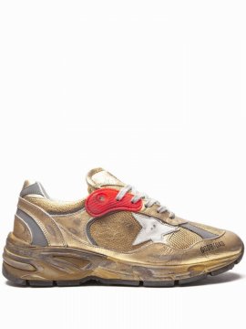 Dad-star Distressed Metallic Mesh And Leather Sneakers In Gold