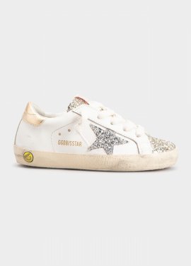 Kids' Girl's Super Star Glitter Trim Leather Sneakers, Baby/toddlers In White/silver/gold
