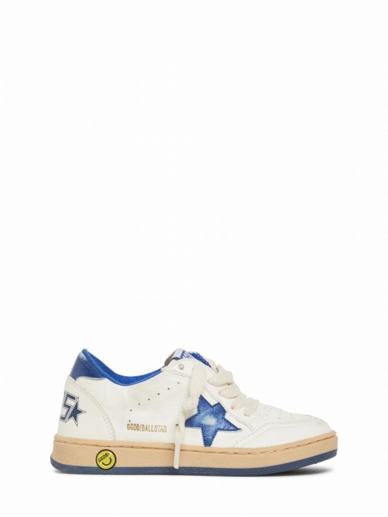 Kids' Ballstar Leather Lace-up Sneakers In White,blue