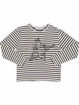 Kids' Striped Cotton & Linen Jersey T-shirt In Off White,blue