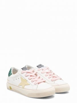Kids' May Leather Upper Suede Star Laminated Glitter Heel In Bianco