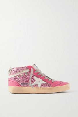 Superstar Glittered Distressed Shearling-lined Leather Sneakers In Pink