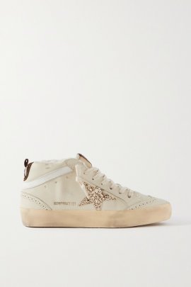 Superstar Distressed Shearling-lined Rubber And Leather Sneakers In Ivory