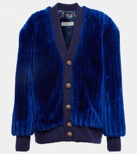 V-neck Buttoned Ribbed Cardigan In Blu