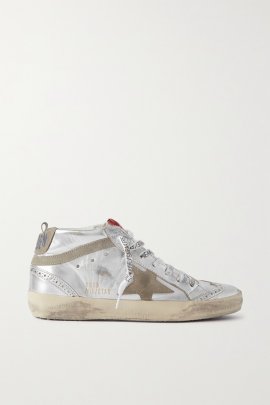Mid Star Distressed Suede-trimmed Metallic Leather Sneakers In Silver