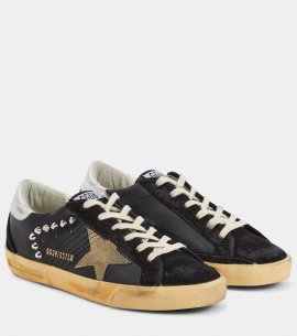 Super-star Embellished Leather Sneakers In Black/taupe/silver