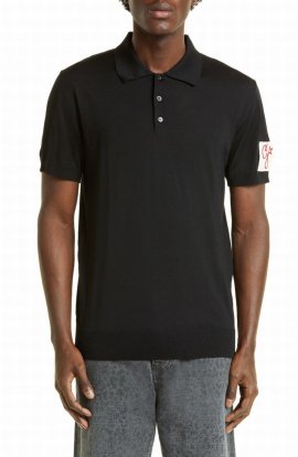 Logo Patch Short Sleeve Wool Sweater Polo In Black