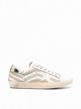 Super Star Leather Upper With Lasercut Flag And Star Suede Toe Laminated Heel In White Brown Platinum