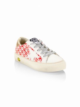 Baby's, Little Girl's & Girl's Heart Print Leather Platform Sneakers In White Red Hearts