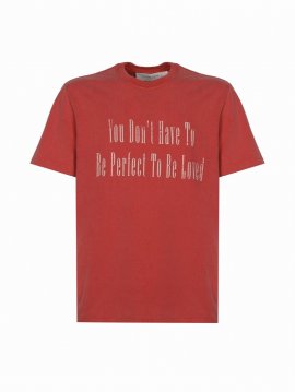 T-shirt With Printed Lettering In Tango Red/ Ecru