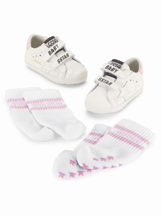 Baby Girl's Star Laminated Heel Sneakers In White Baby Pink