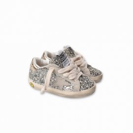 Sneakers Super Star Classic Glitter Argento In Pelle Con Lacci Baby Girl In Silver