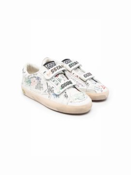 Kids' Sketch-print Touch-strap Leather Sneakers In White