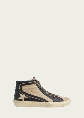 Slide Mid-top Mixed Leather Sneakers In Beige/black/nouga