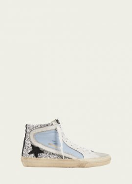 Slide Mid-top Glitter Leather Sneakers In Blue/silver/taupe